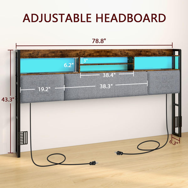 King Upholstered Headboard with LED Lights & Charging Station