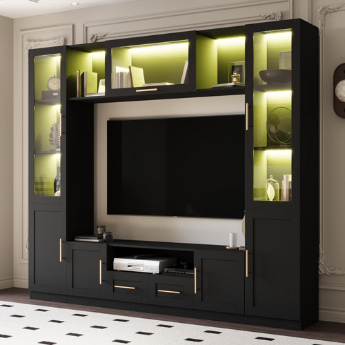4-Piece Wall Unit TV Stand with LED Lights, Entertainment Center with Bookshelves & Bridge, Black