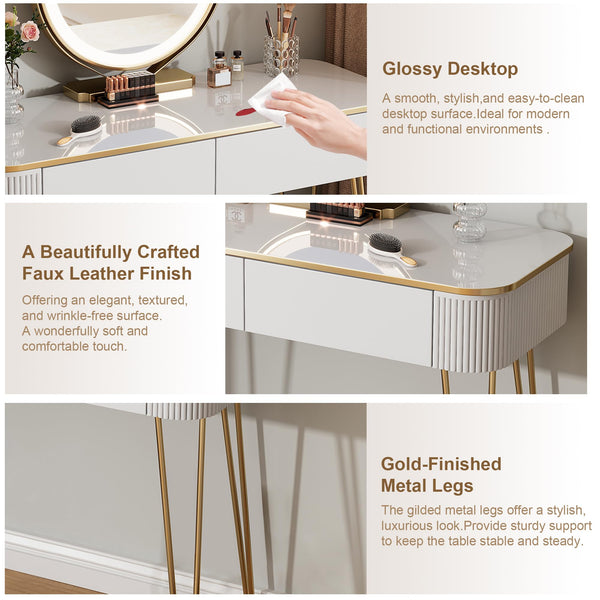 Small Vanity Desk Set with Round Mirror & LED Lights
