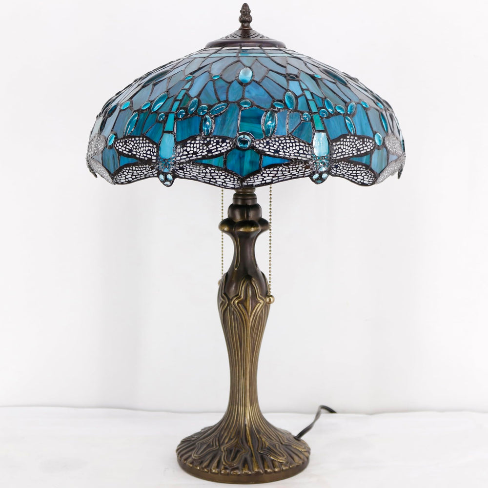 Tiffany Table Lamp Sea Blue Green Dragonfly Stained Glass 16" Shade 24" Height