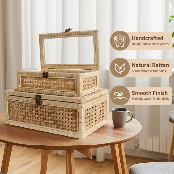 Rattan Decorative Boxes with Glass Lids – Set of 2