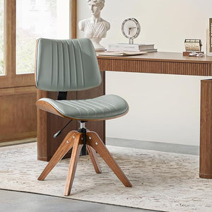 Mid-Century Faux Leather Swivel Desk Chair, Tufted Back, Solid Wood Legs