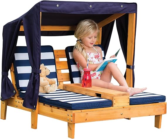 Kids Outdoor Double Chaise Lounge with Canopy & Cup Holders