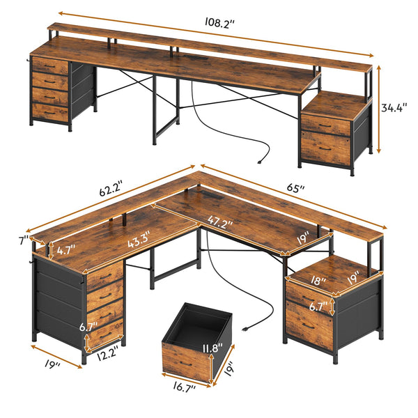 L-Shaped Desk with 6 Drawers, Monitor Shelf, Power Outlets & LED Lights