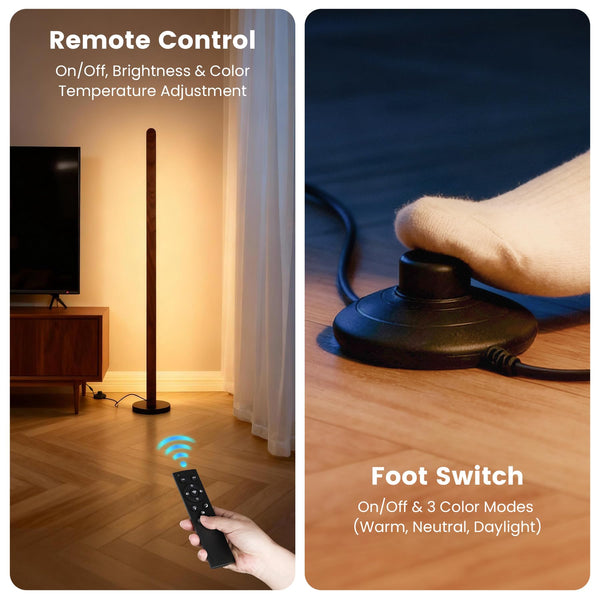 Solid Wood Dimmable LED Floor Lamp with Remote & Foot Switch