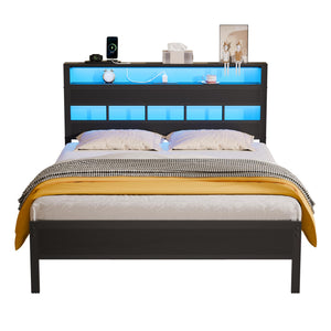 Full Size Bed Frame with LED Lights, Charging Station & Storage Headboard