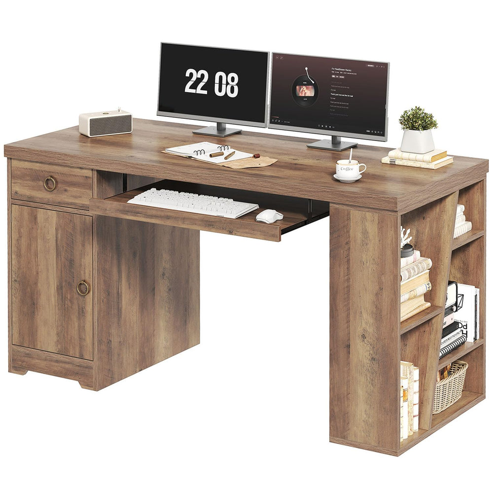 55 Inch Farmhouse Executive Desk with Drawers, Keyboard Tray & Storage Shelves