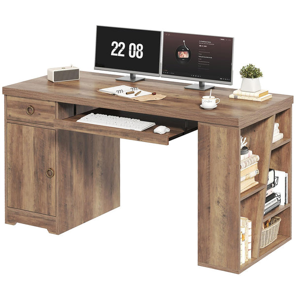 55 Inch Farmhouse Executive Desk with Drawers, Keyboard Tray & Storage Shelves