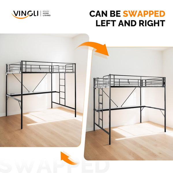 Metal Loft Bed with Desk, LED Lights & Charging Stations