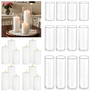Glass Hurricane Candle Holders with White Pillar Candles Set of 12