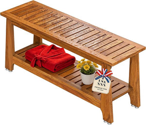 NNN 24" Commercial Teak Shower Bench - 8 Non-Slip Leveling Feet & 350 lbs Capacity | Rock-Solid Stability for Seniors & Spa Safety | Waterproof Design for Saunas/Outdoor Pools (Patented)