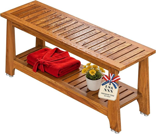NNN 24" Commercial Teak Shower Bench - 8 Non-Slip Leveling Feet & 350 lbs Capacity | Rock-Solid Stability for Seniors & Spa Safety | Waterproof Design for Saunas/Outdoor Pools (Patented)