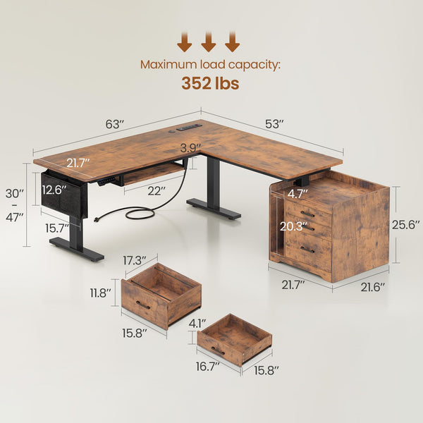 L-Shaped Electric Standing Desk with File Cabinet and LED Lights