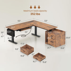 L-Shaped Electric Standing Desk with File Cabinet