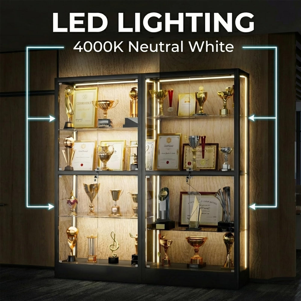 4-Tier Glass Display Cabinet with LED Lights & Lock