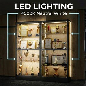 4-Tier Glass Display Cabinet with LED Lights & Lock
