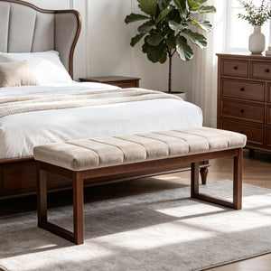 Chummaven 53'' Upholstered Chenille Entryway Bench, Channel Tufted End of Bed Bench Modern Ottoman with Walnut Wood Legs, Padded Window Bench with Storage for Bedroom, Living Room, Camel