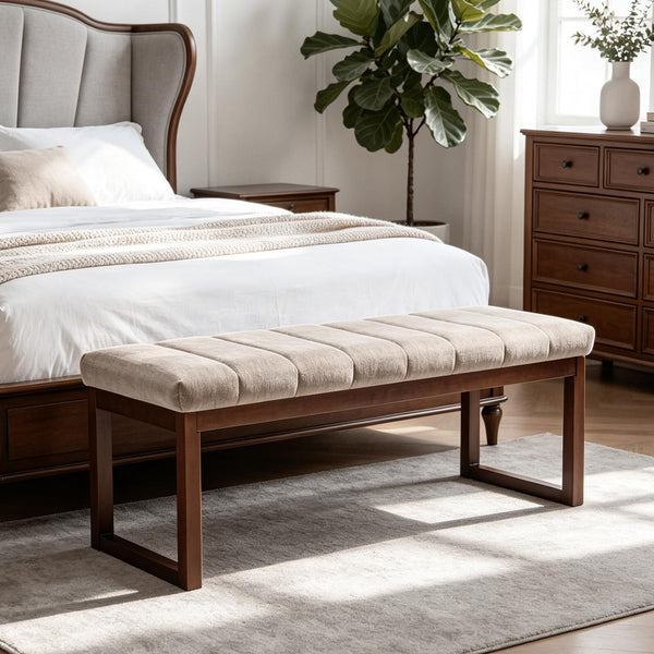 Chummaven 53'' Upholstered Chenille Entryway Bench, Channel Tufted End of Bed Bench Modern Ottoman with Walnut Wood Legs, Padded Window Bench with Storage for Bedroom, Living Room, Camel