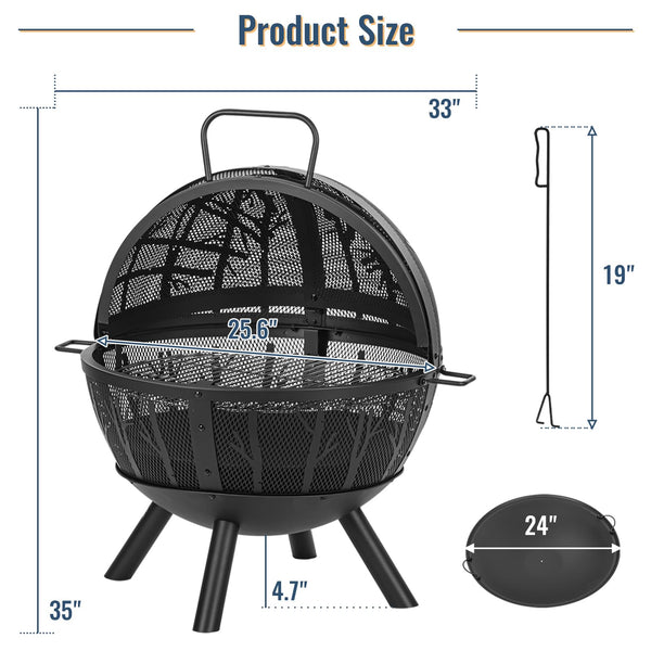 35-Inch Sphere Wood Burning Fire Pit with BBQ Grill