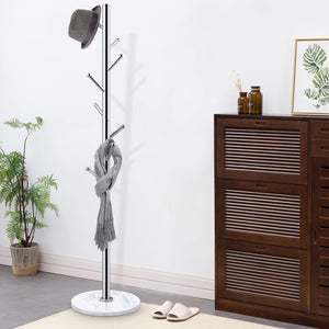 Freestanding Coat Rack with Marble Base & 8 Hooks — Silver