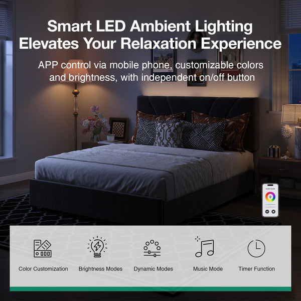 Queen Bed Frame with LED Lights, Drawers & Charging Station