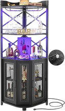 Corner Bar Cabinet with Power Outlet & LED Lights – 5-Tier Wine & Liquor Storage