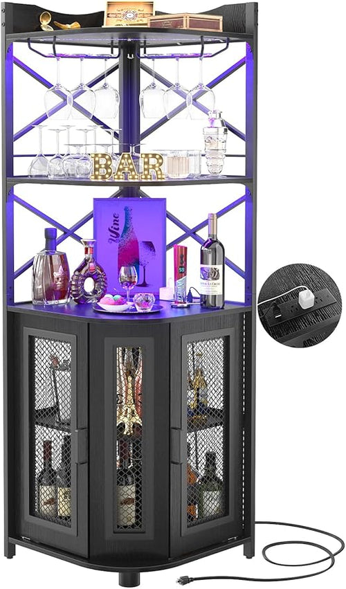 Corner Bar Cabinet with Power Outlet & LED Lights – 5-Tier Wine & Liquor Storage