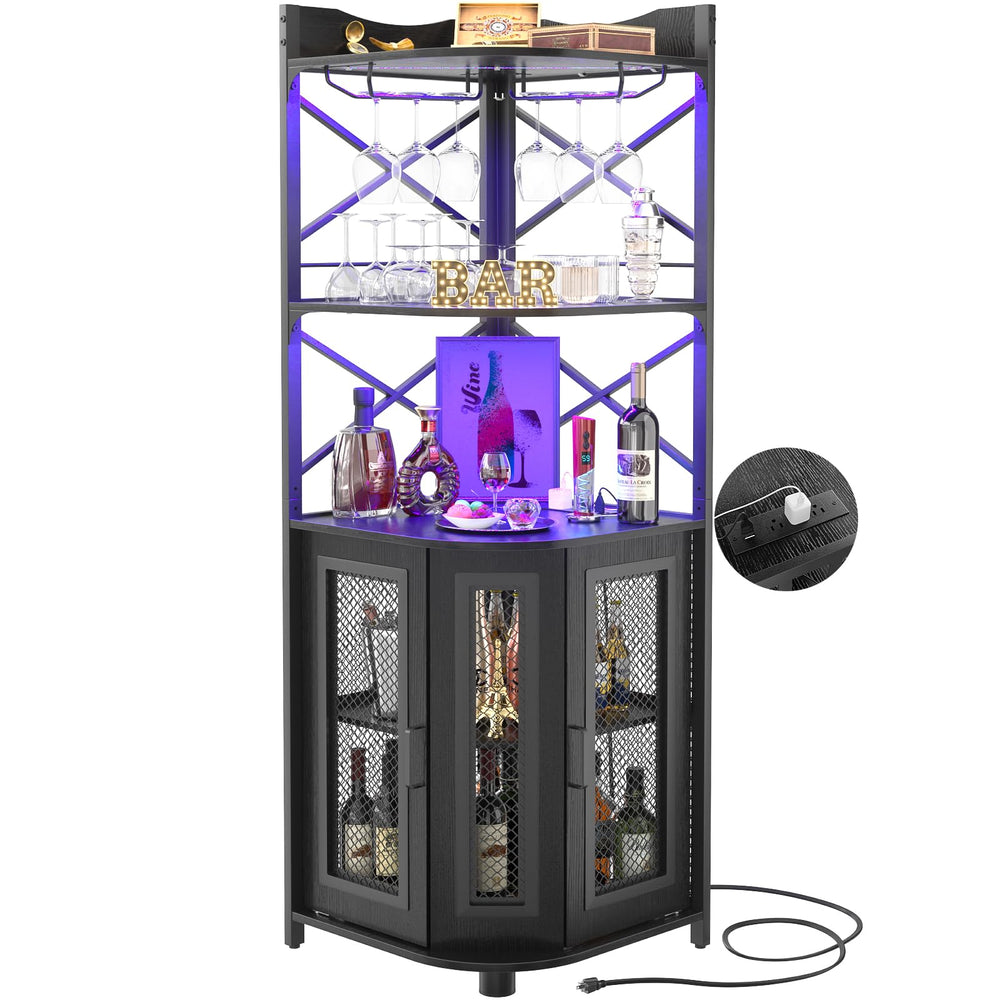 Corner Bar Cabinet with Power Outlet & LED Lights – 5-Tier Wine & Liquor Storage