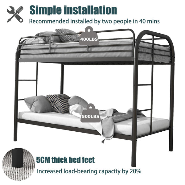 Twin Over Twin Metal Bunk Bed with Dual Ladders and Full-Length Guardrail