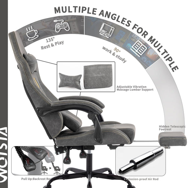 Gaming Chair with Footrest Ergonomic Computer Chair Massage Lumbar Cushion, Racing Video Game Chair Adjustable Rocker Recliner Executive Office Desk Chair Pu Leather for Adults