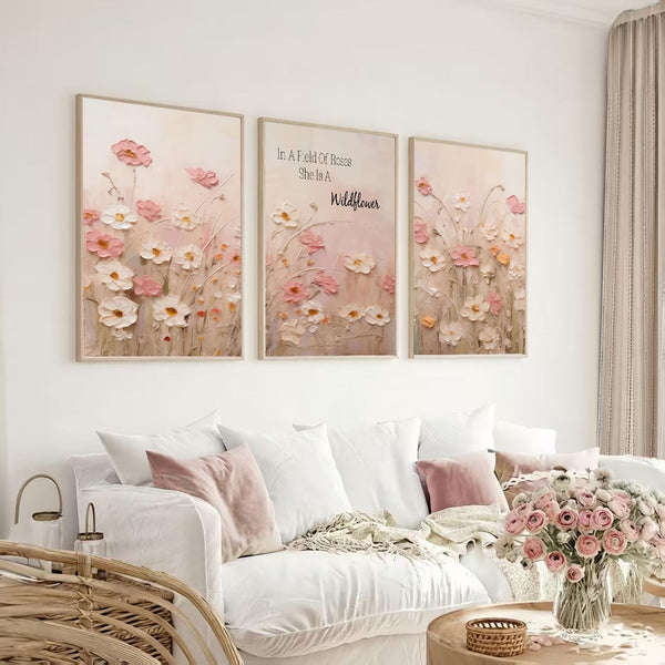 Pink Wildflower Canvas Wall Art Set of 3