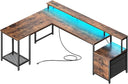 L-Shaped Gaming & Office Desk with LED Lights, Power Outlets, Drawers & Monitor Stand
