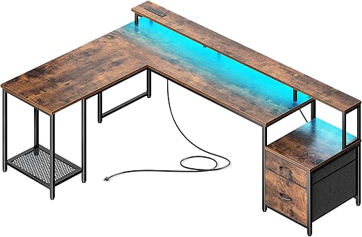 L-Shaped Gaming & Office Desk with LED Lights, Power Outlets, Drawers & Monitor Stand