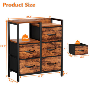 5-Drawer Fabric Dresser with 2-Tier Shelf