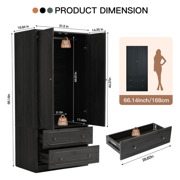 Fluted Wardrobe Closet Set of 2 – Black