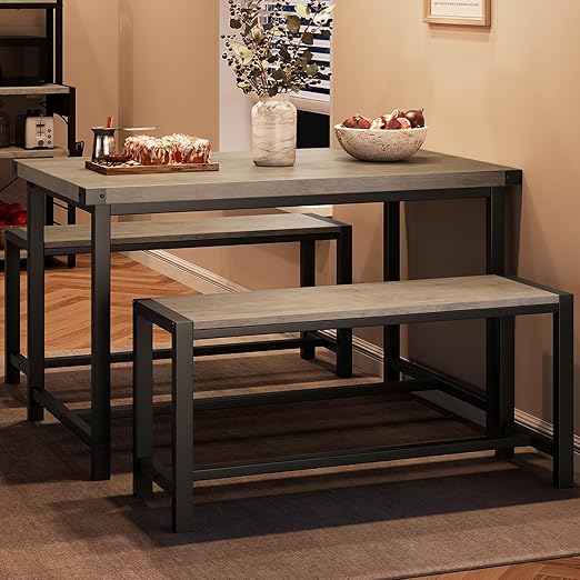 3-Piece Dining Table Set with 2 Benches