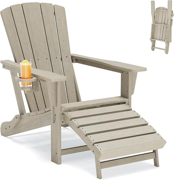Folding Adirondack Chair with Retractable Ottoman & Cup Holder