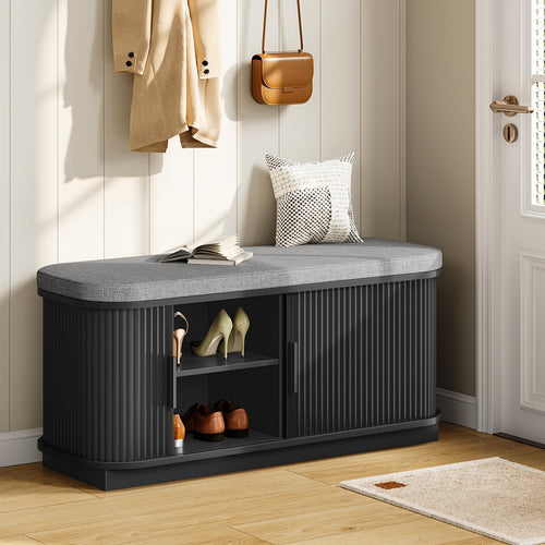 Shoe Storage Bench with Cushion and Sliding Doors