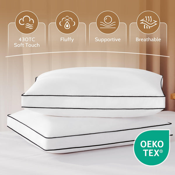Queen Size Goose Feather Down Bed Pillows – 2 Pack Gusseted