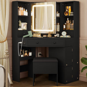 Corner Vanity Desk with LED Mirror, Rotating Cabinet & Power Outlet