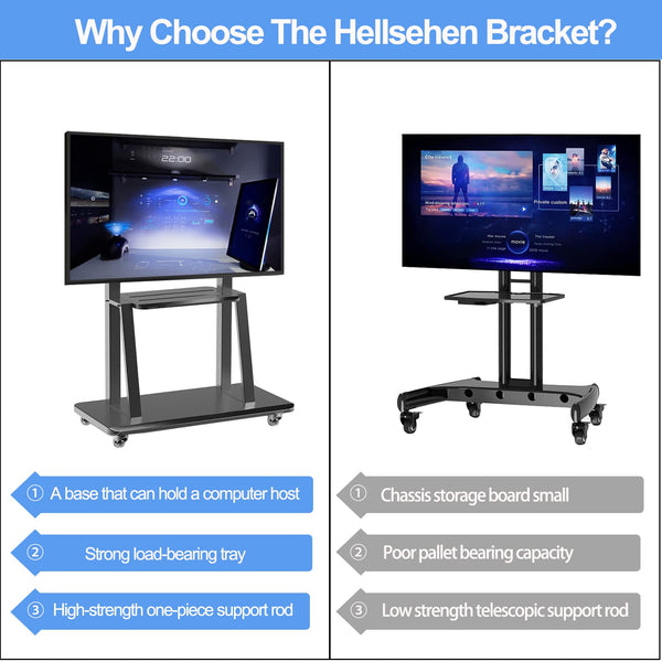 Hellsehen Mobile TV Stand,Rolling TVs Cart on Wheels Height Adjustable Heavy-Duty Floor Stand Base for 32-75 Inch LCD LED OLED Flat Panel Screens Smartboard Movable Holds up to 220lbs with Shelf