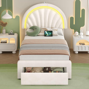 Twin Upholstered LED Bed Frame with Shell Headboard, Storage Drawer & Charging Station