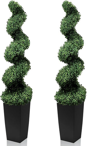 Artificial Spiral Topiary Trees, Set of 2 – UV Resistant Faux Boxwood with Square Planter