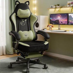 Velvet Gaming Chair with Cat Ears, Memory Foam Lumbar & Reclining Footrest