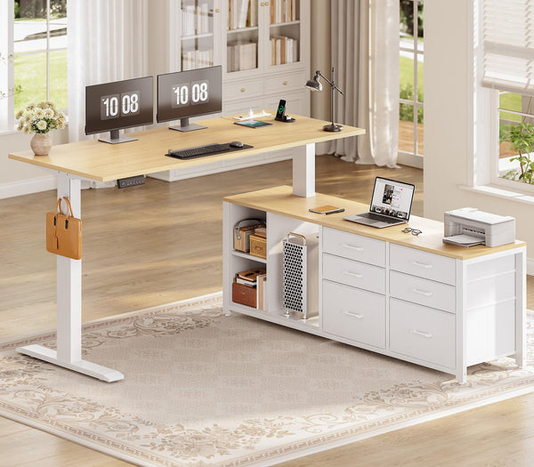 L-Shaped Electric Standing Desk with Drawers & Power Outlet