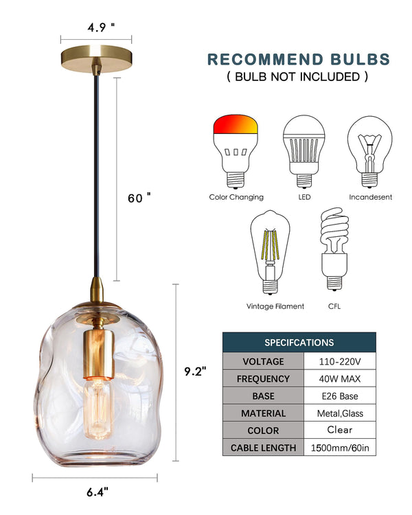 Hand Blown Glass Globe Pendant Light – Clear & Gold