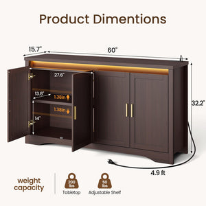 60" Sideboard Buffet Cabinet with LED Light & Power Outlets