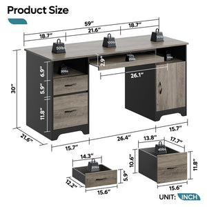 59" Executive Computer Desk with Storage, File Drawer & Keyboard Tray