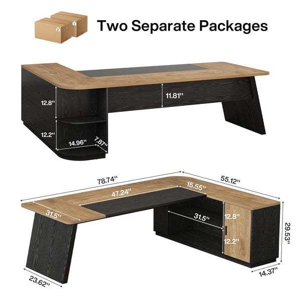 L-Shaped Executive Desk with Cabinet and Storage Shelves