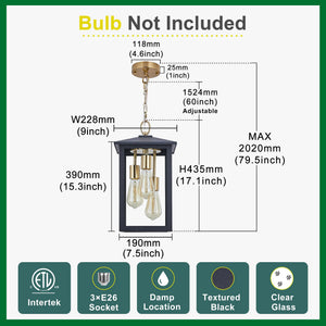 3-Light Outdoor Hanging Lantern Pendant – Farmhouse Black & Gold, Clear Glass